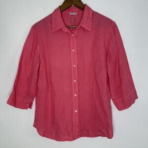 Lino 120% Shirt Womens 46 Large Pink 100% Linen Button 3/4 Sleeve Top Blouse